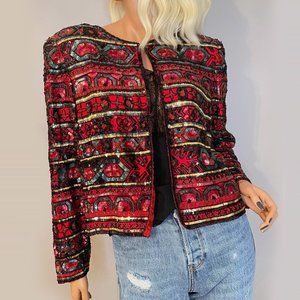 Papell Boutique Red and Black Patterned Blazer